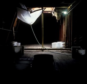 Above patients' heads, attic of J Building falls apart (2004 photo)